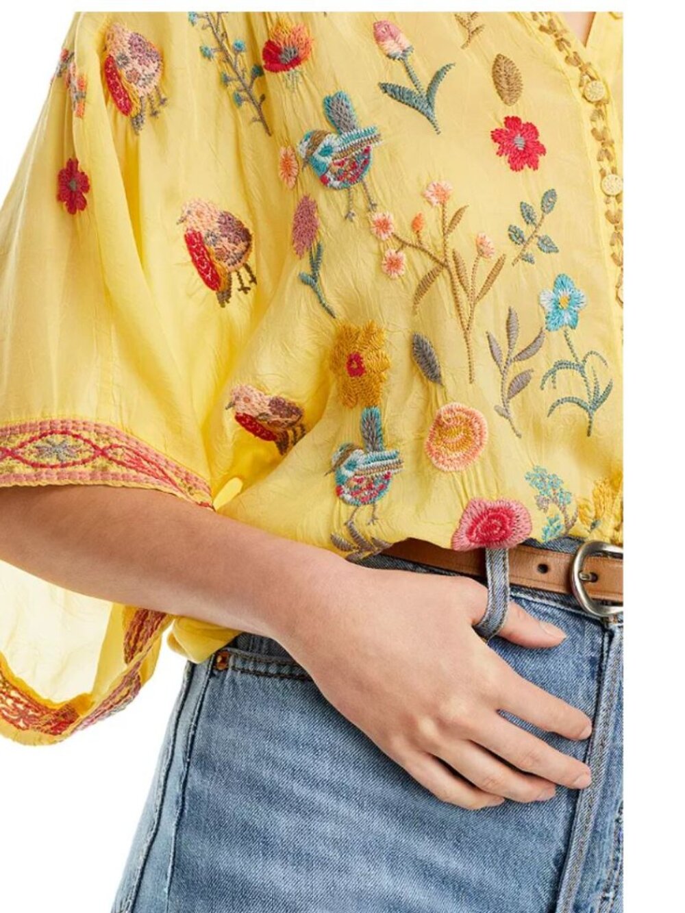Johnny Was Embroidered Blouse Top Roylane Floral Birds Yellow Sz S - Picture 4 of 16
